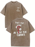 1pc, Men's Vintage-Inspired "Take the Risk or Lose the Chance" Graphic T-Shirt, 230G Double-Sided Washed Cotton, Brown with White Print, Casual Streetwear Style, Perfect Summer Gift for Adults
