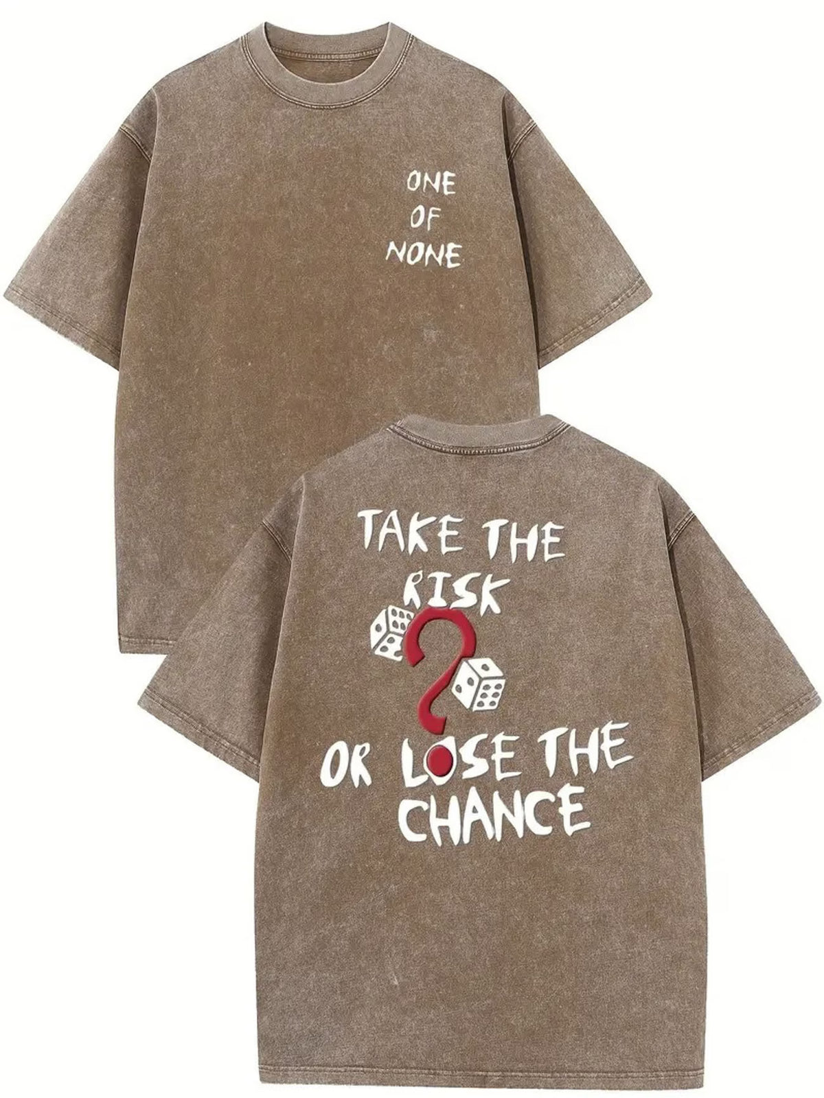 1pc, Men's Vintage-Inspired "Take the Risk or Lose the Chance" Graphic T-Shirt, 230G Double-Sided Washed Cotton, Brown with White Print, Casual Streetwear Style, Perfect Summer Gift for Adults